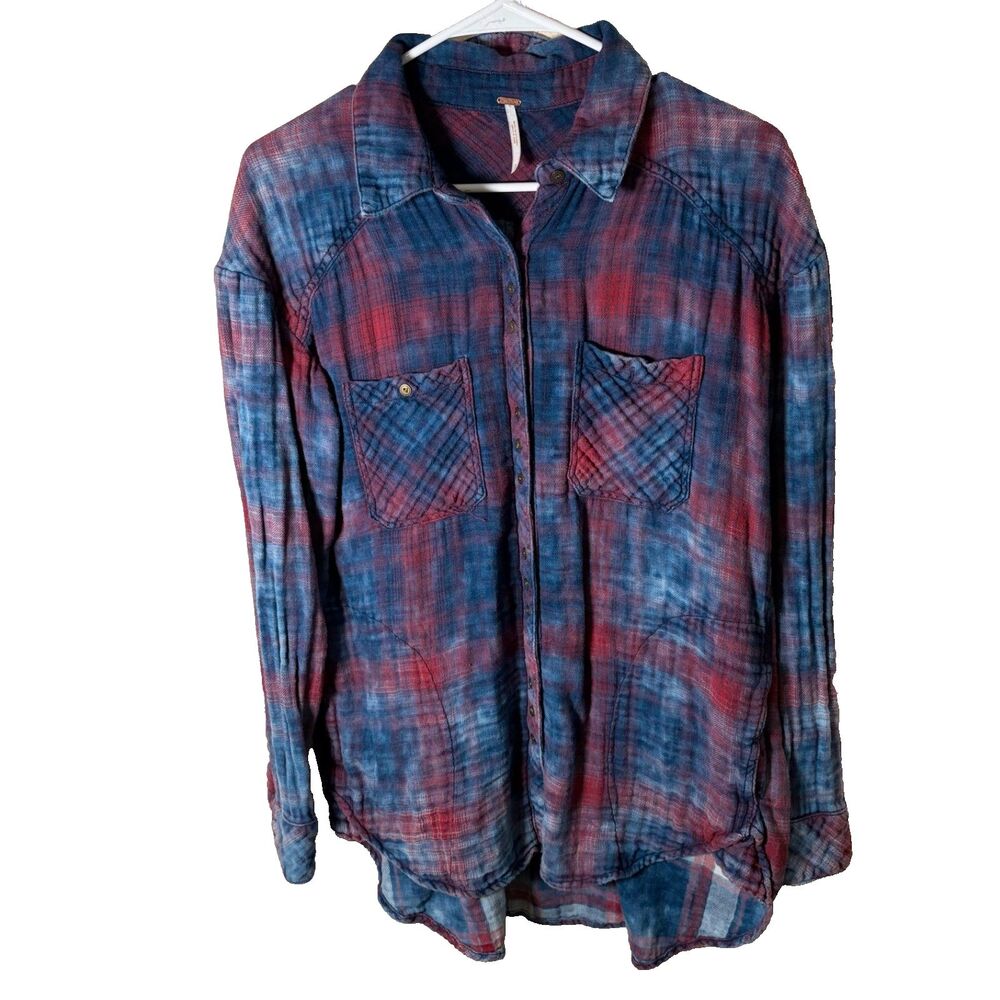 Free People Shirt Women's Small Tie Dye Plaid Red Blue Long Sleeve Top Casual